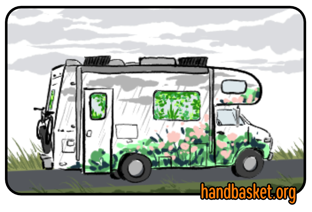 sketch of my RV with silly pink flowers all over it and actually planned additions like a bike rack and solar panels