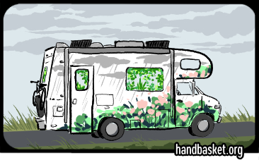 sketch of my RV with silly pink flowers all over it and actually planned additions like a bike rack and solar panels