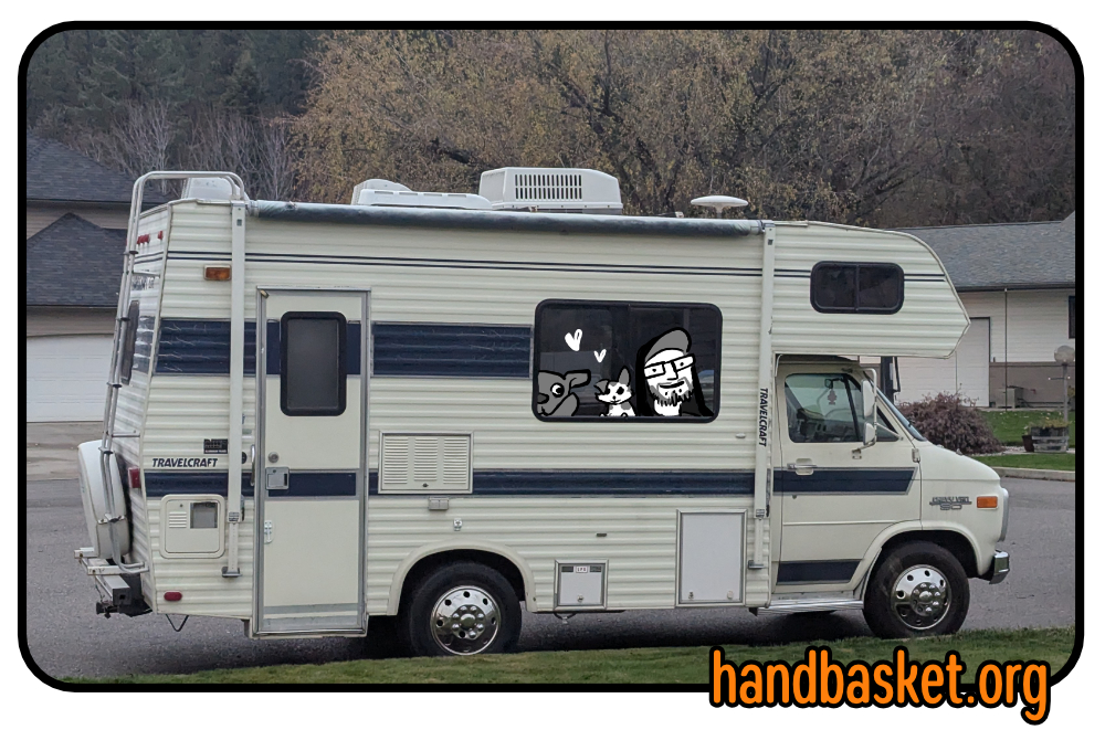 A stubby little RV with me and two dogs cartooned into one of the windows