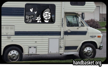 A stubby little RV with me and two dogs cartooned into one of the windows