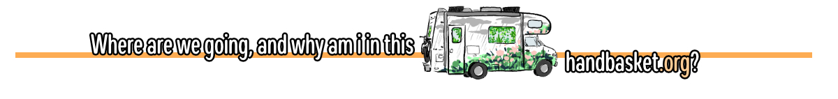 text says "Where are we going and why am i in this handbasket.org?" accompanied by a cutesy drawing of our RV